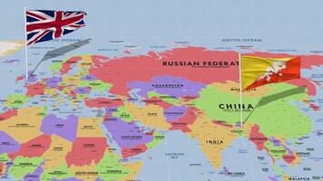 United Kingdom and Bhutan Flag Waving with The World Map, Seamless Loop in Wind, 3D Rendering video