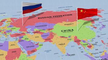 Russia and China Flag Waving with The World Map, Seamless Loop in Wind, 3D Rendering video