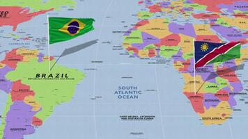 Namíbia e Brasil bandeira acenando com a mundo mapa, desatado ciclo dentro vento, 3d Renderização video