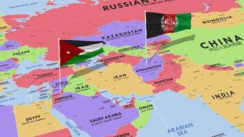 Jordan and Afghanistan Flag Waving with The World Map, Seamless Loop in Wind, 3D Rendering video