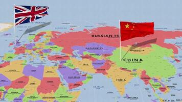 United Kingdom and China Flag Waving with The World Map, Seamless Loop in Wind, 3D Rendering video