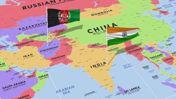 India y Afganistán bandera ondulación con el mundo mapa, sin costura lazo en viento, 3d representación video