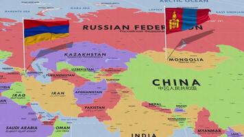 Mongolia y Armenia bandera ondulación con el mundo mapa, sin costura lazo en viento, 3d representación video