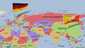 Alemania y Bután bandera ondulación con el mundo mapa, sin costura lazo en viento, 3d representación video