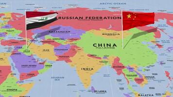 Irak y China bandera ondulación con el mundo mapa, sin costura lazo en viento, 3d representación video