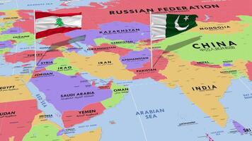 Lebanon and Pakistan Flag Waving with The World Map, Seamless Loop in Wind, 3D Rendering video