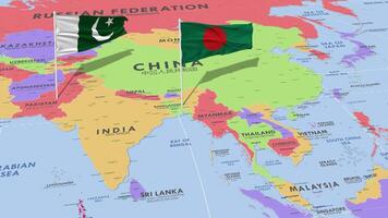 Bangladesh y Pakistán bandera ondulación con el mundo mapa, sin costura lazo en viento, 3d representación video