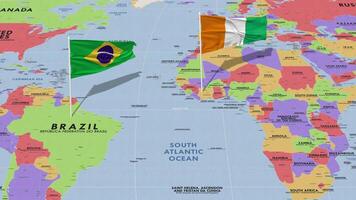 Marfil costa y Brasil bandera ondulación con el mundo mapa, sin costura lazo en viento, 3d representación video