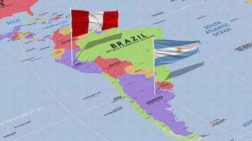 Peru e Argentina bandeira acenando com a mundo mapa, desatado ciclo dentro vento, 3d Renderização video