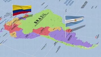 Colombia e argentina bandiera agitando con il mondo carta geografica, senza soluzione di continuità ciclo continuo nel vento, 3d interpretazione video