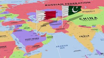 Bahrain and Pakistan Flag Waving with The World Map, Seamless Loop in Wind, 3D Rendering video