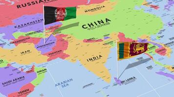 sri lanka e afghanistan bandiera agitando con il mondo carta geografica, senza soluzione di continuità ciclo continuo nel vento, 3d interpretazione video