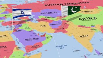 Israel y Pakistán bandera ondulación con el mundo mapa, sin costura lazo en viento, 3d representación video
