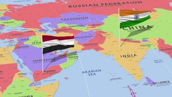 yemen e India bandiera agitando con il mondo carta geografica, senza soluzione di continuità ciclo continuo nel vento, 3d interpretazione video