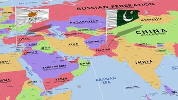 Cyprus and Pakistan Flag Waving with The World Map, Seamless Loop in Wind, 3D Rendering video