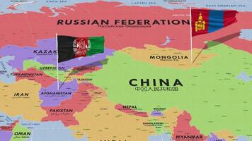 Mongolia e afghanistan bandiera agitando con il mondo carta geografica, senza soluzione di continuità ciclo continuo nel vento, 3d interpretazione video
