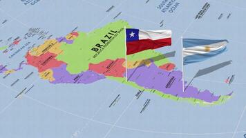 Chile e Argentina bandeira acenando com a mundo mapa, desatado ciclo dentro vento, 3d Renderização video