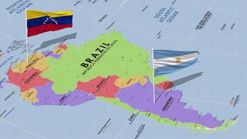 bolivariano república de Venezuela y argentina bandera ondulación con el mundo mapa, sin costura lazo en viento, 3d representación video