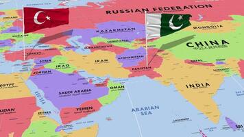 Turkey and Pakistan Flag Waving with The World Map, Seamless Loop in Wind, 3D Rendering video