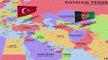 Turkey and Afghanistan Flag Waving with The World Map, Seamless Loop in Wind, 3D Rendering video