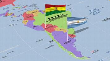 Bolivia and Argentina Flag Waving with The World Map, Seamless Loop in Wind, 3D Rendering video