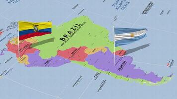 Ecuador y argentina bandera ondulación con el mundo mapa, sin costura lazo en viento, 3d representación video