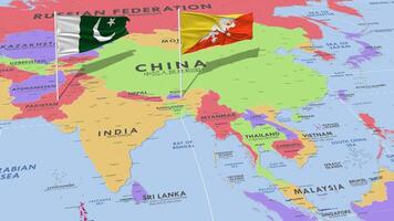 Bután y Pakistán bandera ondulación con el mundo mapa, sin costura lazo en viento, 3d representación video