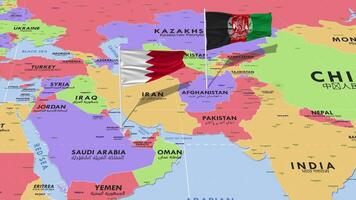 bahrein y Afganistán bandera ondulación con el mundo mapa, sin costura lazo en viento, 3d representación video