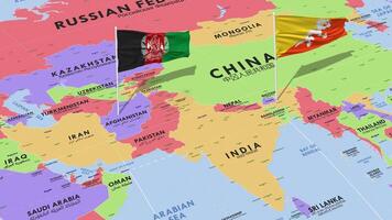 Bhutan and Afghanistan Flag Waving with The World Map, Seamless Loop in Wind, 3D Rendering video