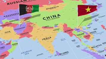 vietnam et afghanistan drapeau agitant avec le monde carte, sans couture boucle dans vent, 3d le rendu video