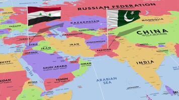 Syria and Pakistan Flag Waving with The World Map, Seamless Loop in Wind, 3D Rendering video