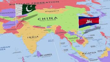 Camboya y Pakistán bandera ondulación con el mundo mapa, sin costura lazo en viento, 3d representación video