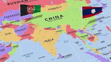 Laos et afghanistan drapeau agitant avec le monde carte, sans couture boucle dans vent, 3d le rendu video