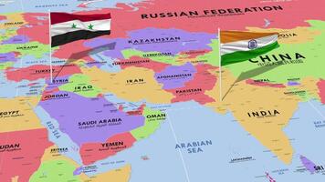 Syria and India Flag Waving with The World Map, Seamless Loop in Wind, 3D Rendering video