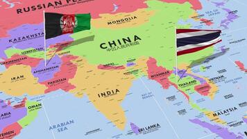 Thailand and Afghanistan Flag Waving with The World Map, Seamless Loop in Wind, 3D Rendering video