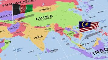 Malaysia e afghanistan bandiera agitando con il mondo carta geografica, senza soluzione di continuità ciclo continuo nel vento, 3d interpretazione video
