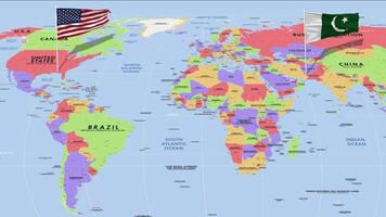 Unidos estados e Paquistão bandeira acenando com a mundo mapa, desatado ciclo dentro vento, 3d Renderização video