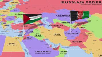 palestina och afghanistan flagga vinka med de värld Karta, sömlös slinga i vind, 3d tolkning video