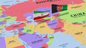 Iran and Afghanistan Flag Waving with The World Map, Seamless Loop in Wind, 3D Rendering video