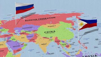 Filippine e Russia bandiera agitando con il mondo carta geografica, senza soluzione di continuità ciclo continuo nel vento, 3d interpretazione video