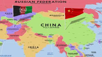 China and Afghanistan Flag Waving with The World Map, Seamless Loop in Wind, 3D Rendering video