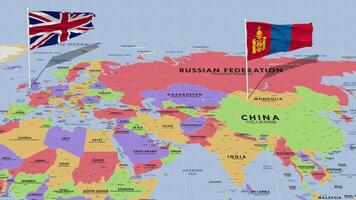 Mongolia and United Kingdom Flag Waving with The World Map, Seamless Loop in Wind, 3D Rendering video