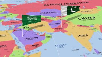 ksa, Reino de saudi arabia y Pakistán bandera ondulación con el mundo mapa, sin costura lazo en viento, 3d representación video