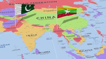 Myanmar, birmania e Pakistan bandiera agitando con il mondo carta geografica, senza soluzione di continuità ciclo continuo nel vento, 3d interpretazione video