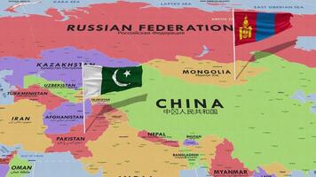 Mongolia and Pakistan Flag Waving with The World Map, Seamless Loop in Wind, 3D Rendering video