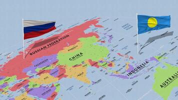 palau y Rusia bandera ondulación con el mundo mapa, sin costura lazo en viento, 3d representación video