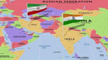 Iran and India Flag Waving with The World Map, Seamless Loop in Wind, 3D Rendering video