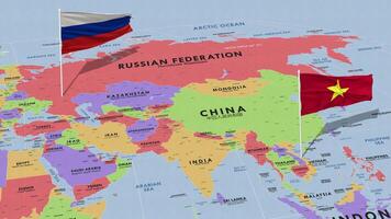 Vietnam e Russia bandiera agitando con il mondo carta geografica, senza soluzione di continuità ciclo continuo nel vento, 3d interpretazione video