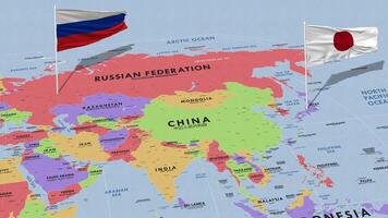 Japan and Russia Flag Waving with The World Map, Seamless Loop in Wind, 3D Rendering video