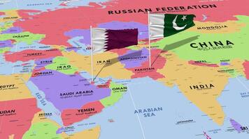 Qatar and Pakistan Flag Waving with The World Map, Seamless Loop in Wind, 3D Rendering video